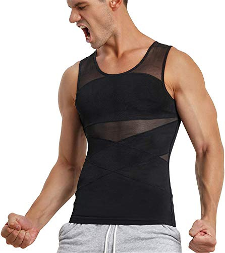TAILONG Men's Compression Shirt for Body Shaper Slimming Vest Tight Tummy Underwear Tank Top (Black, X-Large)