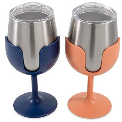 Camco 51917 Life is Better at The Campsite - Set di bicchieri da vino, 226,8 g, blu navy e pesca, perfetti per campeggio, tailgating e feste, preserva la temperatura della tua bevanda