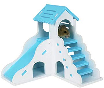 MXiiXM Hamsterhaus aus Holz, Hamsterversteck Übungsspielzeug Zubehör mit lustiger Kletterleiter, luxuriöser zweilagiger Hütte für Zwerghamster, Ratten, Rennmäuse, Maus (blau)