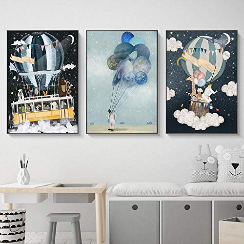 SHINERING Leinwanddruck für Kinderzimmer, Astronauten-Ballon, Raumschiff, Bär, Elefant, Giraffe, Malerei, Cartoon, Wandbilder für Kinderzimmer, 50 x 70 cm, rahmenlos