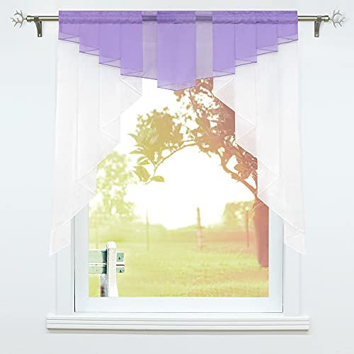 SCHOAL Scheibengardinen Küche Kleinfenster Gardinen mit Kräuselband oder Tunnelzug Bistrogardinen Voile Transparente Kurzgardinen Modern 1 Stück BxH 140x145cm Lila
