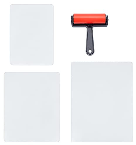 SUPERFINDINGS 1PCS Rubber Roller Printmaking Brayer and 3 Size Acrylic Plate for Printmaking Paint Art Supplies Not Including Gel Printing Plate