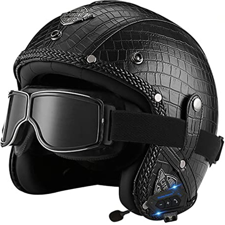 Bluetooth Jethelm mit Visier Retro Pilotenhelm Qualität nach ECE-Norm Roller-Helm für Frauen und Herren im Vintage-Look, Motorrad-Helm mit Schutzbrille