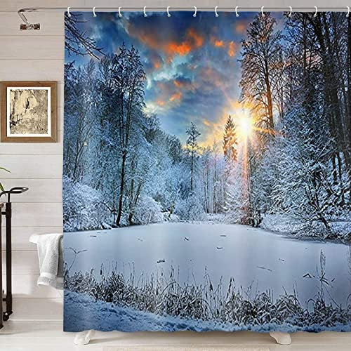 Duschvorhang 120 x 200 Landschaft Duschvorhang Winter Badezimmer Vorhang Schneeszene Antischimmel Wasserdicht Badezimmer Vorhang 3D Effekt Duschvorhänge Polyester Waschbar mit Haken