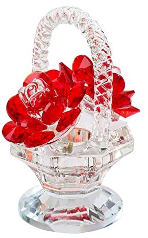 Crystal Rose Basket Collectible Figurines for Women, Ruby Glass Flower Gifts for Mum on Birthday Anniversary, Centerpiece Ornaments for Home Decor Christmas (Red)
