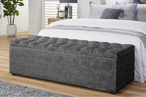 R&M Furnishers Chesterfield Ottoman storage Box - Napels Velvet Storage ottoman with Matching Fabric Buttons - Ottoman Footstool with Storage - Chester Upholstered of bed storage bench, Dark Grey