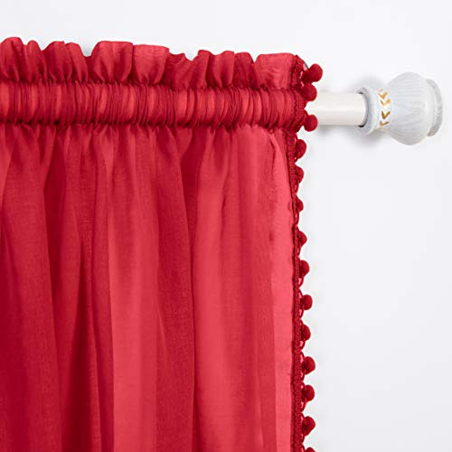 Elegant Comfort Semi-Sheer Pom Pom Tassels Curtains - 2 Panels Set - with 2inch Rod Pocket - Solid Sheer Curtain Drapes for Living Room, Bedroom, W60 X L84, Red