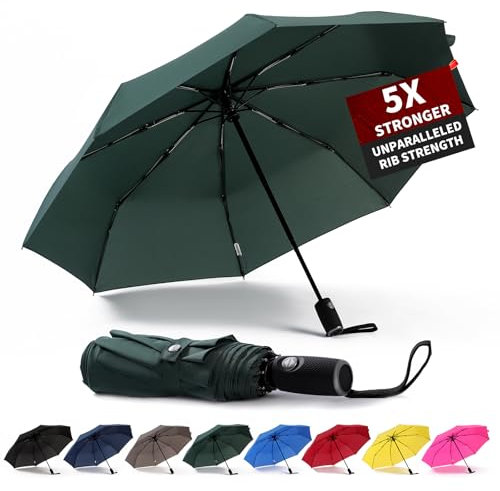 Anntrue Parapluie de voyage coupe-vent, ouverture automatique, léger, compact, portable, pliable, parfait pour voiture, sac à main, homme et femme (vert foncé)