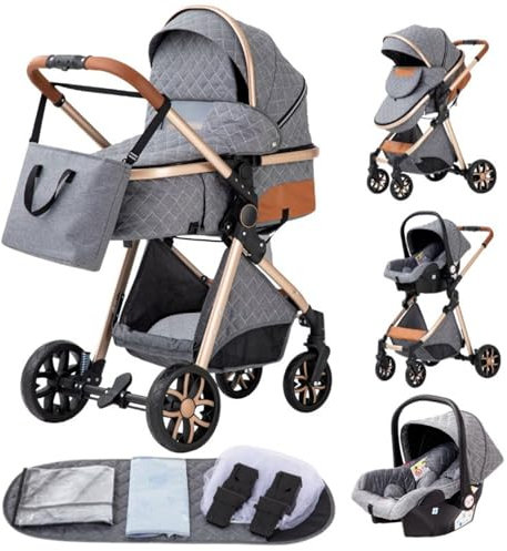 YAZOCO Poussette 3 en 1 Compacte 0-36kg Combiné Es Anstout Terrain Luxe Haut Paysage Quadruple Bébé Pliable Canne Poussettes Confort Accessoires Auto Siège Gris