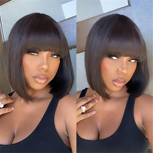 Joedir 12 gerade Bob Perücke mit Pony brasilianische gerade Echthaar-Perücken keine Lace Front Perücken Schulterlänge Echthaar Maschine gemacht Bob Perücken für Frauen 130% Dichte (1B)