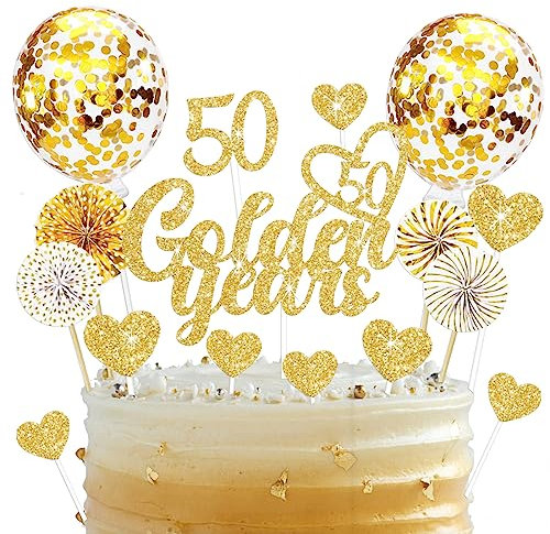 19 Stück Tortendeko Goldene Hochzeit, 50 Golden Years Cake Topper, Glitzer Goldene 50. Geburtstag Kuchendeko, Torten Topper Goldene Hochzeit Geschenke