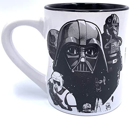 Silver Buffalo Star Wars Ceramic 14-ounce Coffee Mug Featuring Darth Vader Luke Han Solo Princess Leia C3PO R2D2 Chewbacca - Black and White (SW165332)
