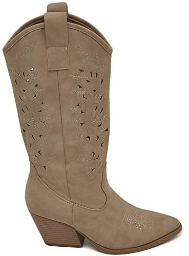 Malu Shoes Stivali donna camperos texani stile western forati estivi beige scamosciato tacco western 7 cm legno con zip laterale (40 EU)