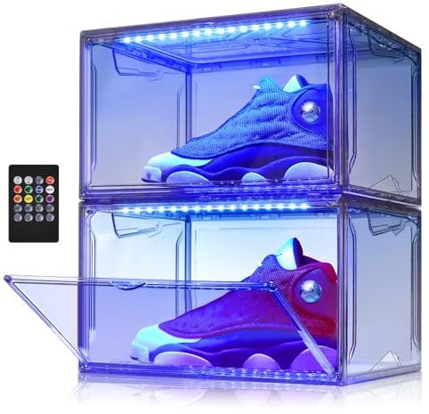 Oltraman Shoe Storage Organizer for Closet, Foldable Shoe Boxes Rack 2 pack, Clear Plastic Stackable Containers Bins Holder, Magnetic Sneaker Shelf for Sneakerheads with LED Lights Grey