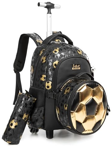 Meetbelify Rollrucksack mit Rollen für Jungen, Rollrucksäcke mit Lunchbox, Federmäppchen für Grundschüler, Kinder, Fußball, Gepäck, Reisekoffer für Jungen von 6–8 Jahren