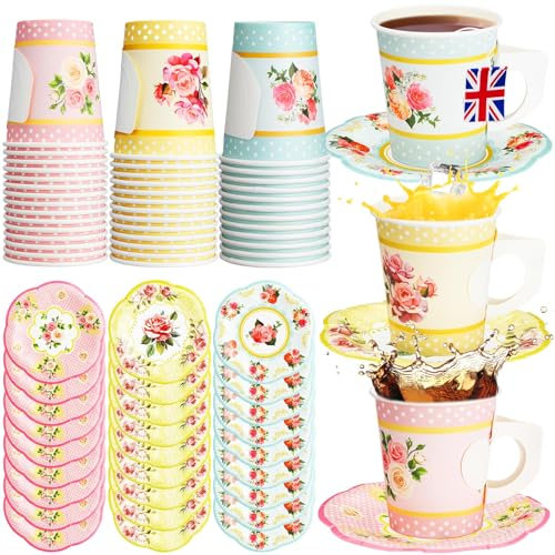 SiliFine 30 Sets Floral Paper Tea Cups and Saucers, 7 oz Disposable Cups with Handle and Plates Tea Party Decoration for Birthday Wedding Bridal Shower Mother's Day