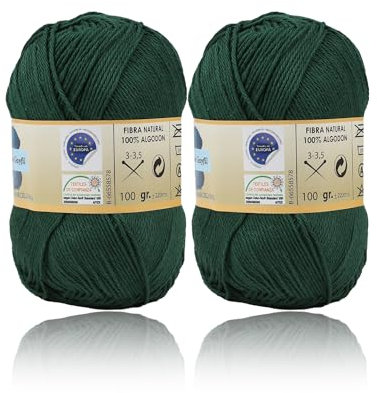 H HANSEL HOME Ovillo de Algodón Premium 100% Natural - Perfecto para Tejer y Ganchillo, Ideal para Crochet y Amigurumi, Verde Botella, 100gr, 220m, Pack de 2pcs