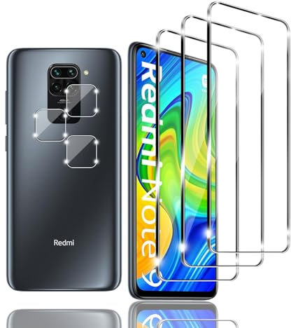 Kziwii 3+3 Piezas Protector Pantalla para Xiaomi Redmi Note 9 Cristal Templado, 3 Piezas Vidrio Templado y 3 Piezas Protector de Lente de Cámara, Dureza 9H, Antihuellas, Antiarañazos