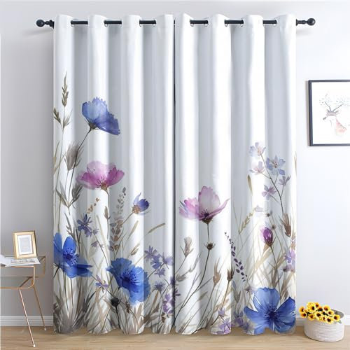 SZLYZM Vorhänge Aquarell Blumen, Verdunkelungsvorhang 2er Set - Vorhang Blickdicht Blumen Pflanzen Muster, Thermovorhang für Deko Wohnzimmer Schlafzimmer, Gardinen mit Ösen 245x140 cm (HxB) (Wx-&87)