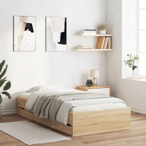 ZQQLVOO Bed Frame Lattenrost Palettenbett Bodenbett Bettgestell mit Schubladen Sonoma-Eiche 100x200cm Holzwerkstoff