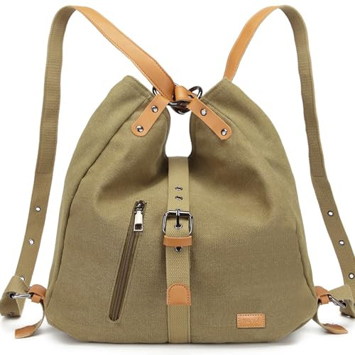 KONO Canvas Handtasche Damen Rucksackhandtaschen Rucksack 2 in 1 Canvas Schultertasche Verstellbare Schultergurte für Alltag Büro Schule Ausflug Einkauf(Braun)
