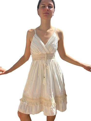 Vestido Verano Mujer Playa Piscina Ropa Ibicenca De Baño Camisola Playera Elegante MonosSensación Seda Viscosa Fresco Pareo Bohemio Étnico Blanco Dorado Tirantes