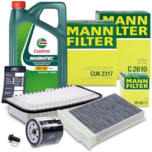 MANN-FILTER Inspektionspaket Filterset 1x Ölfilter, 1x Luftfilter, 1x Innenraumfilter, 1x Motoröl 5W-30 MAGNATEC STOP-START A3/B4 5 l, mit Dichtung Kompatibel mit TOYOTA AYGO (_B1_)