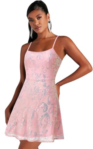 Odizli Robe de soirée sexy à bretelles spaghetti, dos nu, paillettes, ligne A, mini robe courte, rose clair, S