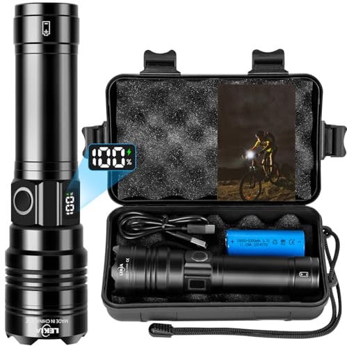 LEKIA Lampe Torche Ultra Puissante 500000 Lumens, Lampe de Poche LED USB C Rechargeable Longue Portée, 5 Modes Militaire Lampes de Poche Puissantes Zoomables Torche pour Urgence, Randonnée, Camping