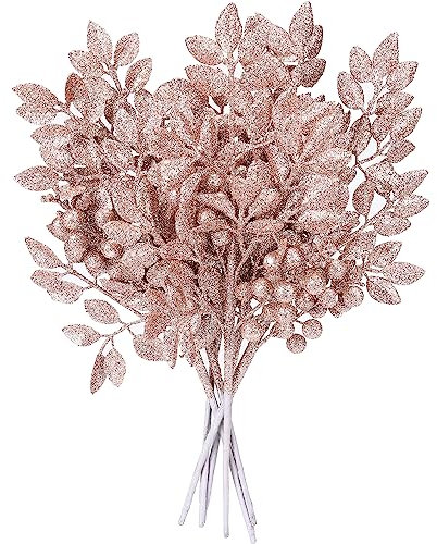 Sea Team 6-Pack Artificial Glitter Holly Berry Twigs, Bacca Stem Ornaments, Decorative Bead Sticks, Picks, Branches for Christmas Tree, Wreath, Vase Fillers, Rose Gold