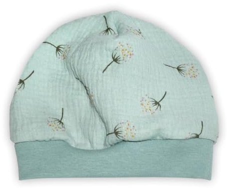 SÜSSE ZWERGE - Mütze Beanie aus Musselin - Sommermütze - Pusteblumen mint - Baby Jungen Mädchen Frühchen - handmade Geschenk Geburt (KU 46-48 cm)