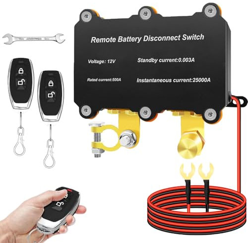 Lizbn 12V 500A Remote Battery Disconnect Switch, Remote Kill Switch for Car, Anti-Theft Battery Kill Switch with 2 Remote Controls, Automatic Power Cut Shut Off Switch for Cars Auto RV Truck Boat