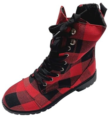 Bottes à lacets pour femme avec talon - Bottines à carreaux - Semelle profilée - Bottines bicolores - Semelle extérieure - Bottines à tige courte