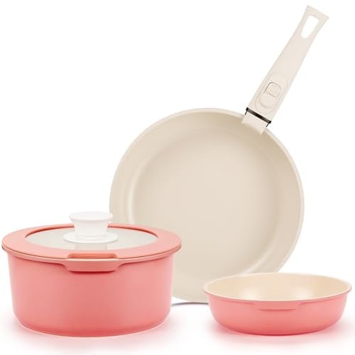 IKTU Juego de ollas y sartenes de cerámica antiadherentes, color rosa, juego de 5 piezas antiadherentes con mango desmontable, juego de utensilios de cocina antiadherentes, sin PFAS PFOA y PTFE