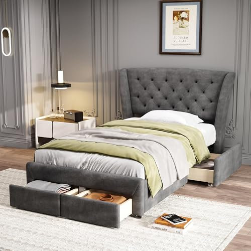 LTGB Upholstered Bed with Storage, 3ft Single Bed 90x190cm, with 4 Drawers, Soft Backrest, Metal Underbed Bracket, Durable and Sturdy, for Adults & Teenagers, Snowflake Fleece, Grey