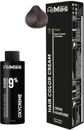 Femmas Set de tinte de pelo rubio claro ceniza 8.1 I Hair Color Cream 100 ml + crema de óxido 100 ml 9% I coloración permanente del cabello + desarrollador I Suave y duradero I Tinte de pelo de salón