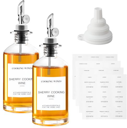 Dokeno 2 Pack Aceitera y Vinagrera, Botella Cristal de Aceite de Oliva Recipiente Aceite, Botellas de Vinagre y Aceitera con Pico Vertedor, Aceitera Antigoteo con Etiquetas y Embudo (350 ml, Plata)