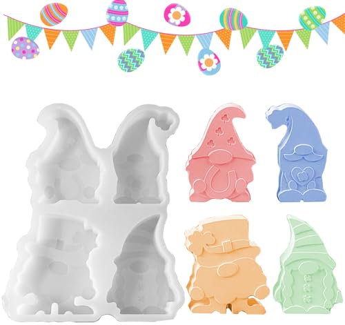 TREABEAR 4PCS Silikonformen Gießformen Wichtel, Wichtel Silikonform, Silikonformen Gießformen, Silikonform Wichtel Mit Vierblättriges Kleeblatt Und Hufeisen, Silikonform Frühling, Osterzwerg Silikonfo