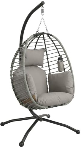Outsunny Silla Colgante Huevo con Soporte Cesta Plegable Carga 120 kg Gris | Columpio de Jardín Exterior, Reposacabezas, Cojín, Bolsillo Lateral, Columpio Colgante, para Interior y Exterior