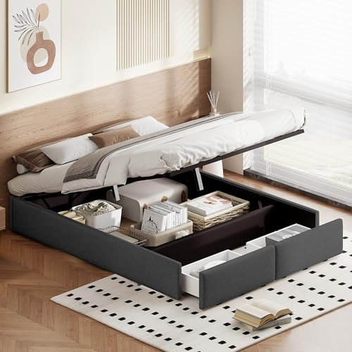 CoziFome Polsterbett 160x200, Plattformbett, Polsterbett ohne Kopfteil, Bett mit Holzlattenrost und Stauraum, Hydraulisch Stauraumbett mit 2 Schubladen, Ohne Matratze, Leinen (Grau, 160x200cm)