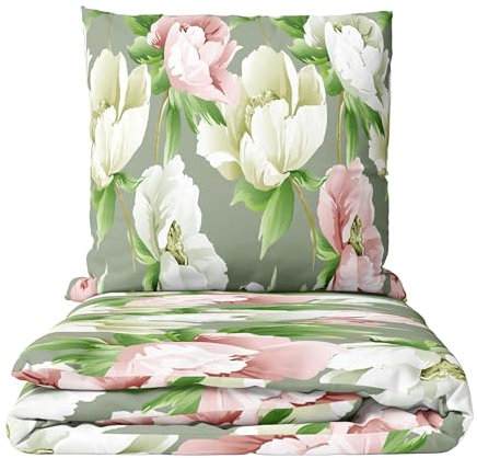 Leonado Vicenti Bettwäsche Set Baumwolle Renforce Blumen Design 155x220 cm mit 80x80 Kissenbezug Beige Grün Rosa mit Reißverschluss weich pflegeleicht floral