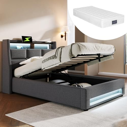 DEKKETO Stauraum Boxspringbett 90 x 200 mit LED, 2 USB, Matratze, Grau | Polsterbett, Leinenstoff, hydraulischer Hebemechanismus, Kopfteilablage, Holzlattenrost, Metall-Holzrahmen, bis 250kg