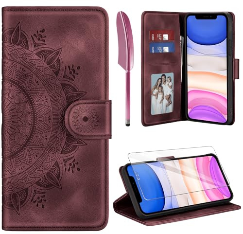ivencase Lederhülle für iPhone 11 Hülle und Schutzfolie, Premium Klappbar Handyhülle Flip Wallet, [Kartenfach] [PU Leder] [Ständer] Schutzhülle Kompatibel mit iPhone 11, Weinrot