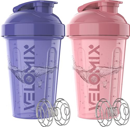 VELOMIX 2 Pack 20oz Protein Shaker Bottle for Protein Mixes, Lavender Glow | 2x Wire Whisk, Leak Proof Shaker Cups for Protein Shakes, Stackable, Dishwasher safe, BPA free, Pre Workout and Fitness ready