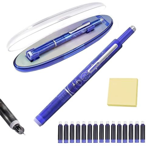 Retractable Fountain Pen, Fountain Pen Retractable:0.38mm Blue&Black Ink Transparent Barrel Includes 15 Refillable Ink Cartridges, for Smooth Writing No Leaking (Dark Blue,Blue)