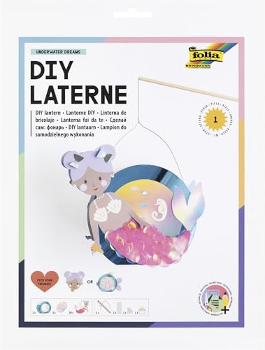 folia 94301 - DIY Laterne UNDERWATER DREAMS, ca. 27,5 x 19 x 6 cm - Laternen Bastelset gestaltbar als Meerjungfrau oder Kugelfisch, inkl. LED Licht, 2 Batterien und Klebepad