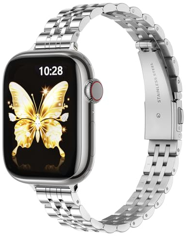 GEARYOU Schlank Metallarmband Kompatibel mit Apple Watch Armband 42mm(Series 3/2/1) 44mm 45mm 46mm, Edelstahl Ersatzband Damen für Apple Watch SE3 SE2 SE, iwatch Series 11 10 9 8 7 6 5 4 3 2 1(Silber)