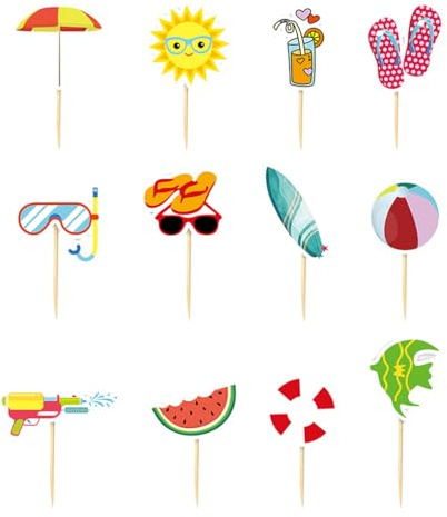 mophrati 12 Stück Kuchendekorationen für Strand Thema, Geburtstagsparty Zubehör, Geburtstagsdekoration, Strand Pool Thema, Cupcake Topper