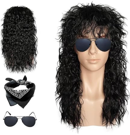 VBNZBK Rocker Perücke Herren, Rocker Kostüm Herren Disco Parteikleidung Accessoires für 70er 80er 90er Jahre, mit Perücken Sonnenbrillen Kopftücher für Fasching, Karneval Rollenspiele (3 Stück)