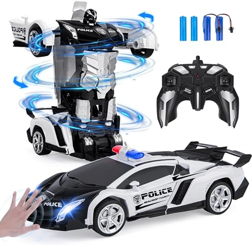 Kazzley Coche Teledirigido Niños 4 5 6 7 8 Años, 2 en 1 Transformable Robot Juguete Policia con Control Gestual, Rotación 360° Drift RC Car con Luces y Música, Regalos Cumpleaños para Niños 4-12 Años